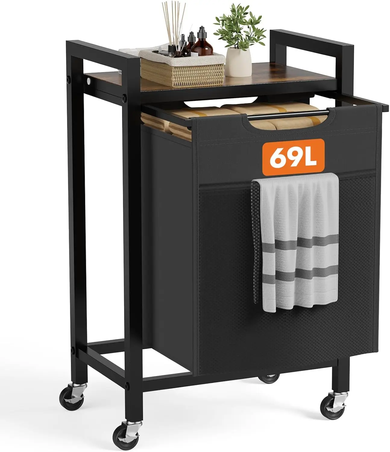 Laundry Hamper with Pull-Out Bag, Rolling Laundry Basket with Shelf, 69L Compact Clothes Organizer for Bathroom & Bedroom