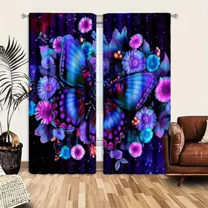 2-piece set of butterfly dreamy flower printed curtains, made of semi transparent polyester fiber material and designed with pole pockets, suitable for bedroom, living room, dining room decoration, and year-round room decoration
