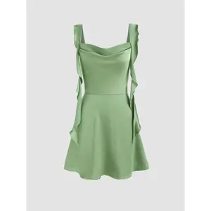 Satin Ruched Ruffle Hem Mini Dress Dealsforyou