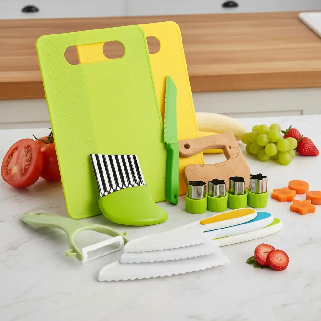 13-Piece Montessori Kids Kitchen Set Toys for Real Cooking - Toddler Cooking Set with Safe Plastic Knives, Crinkle Cutter, Cutting Board & Play Kitchen Accessories - Educational Chef Gift for Boys & Girls