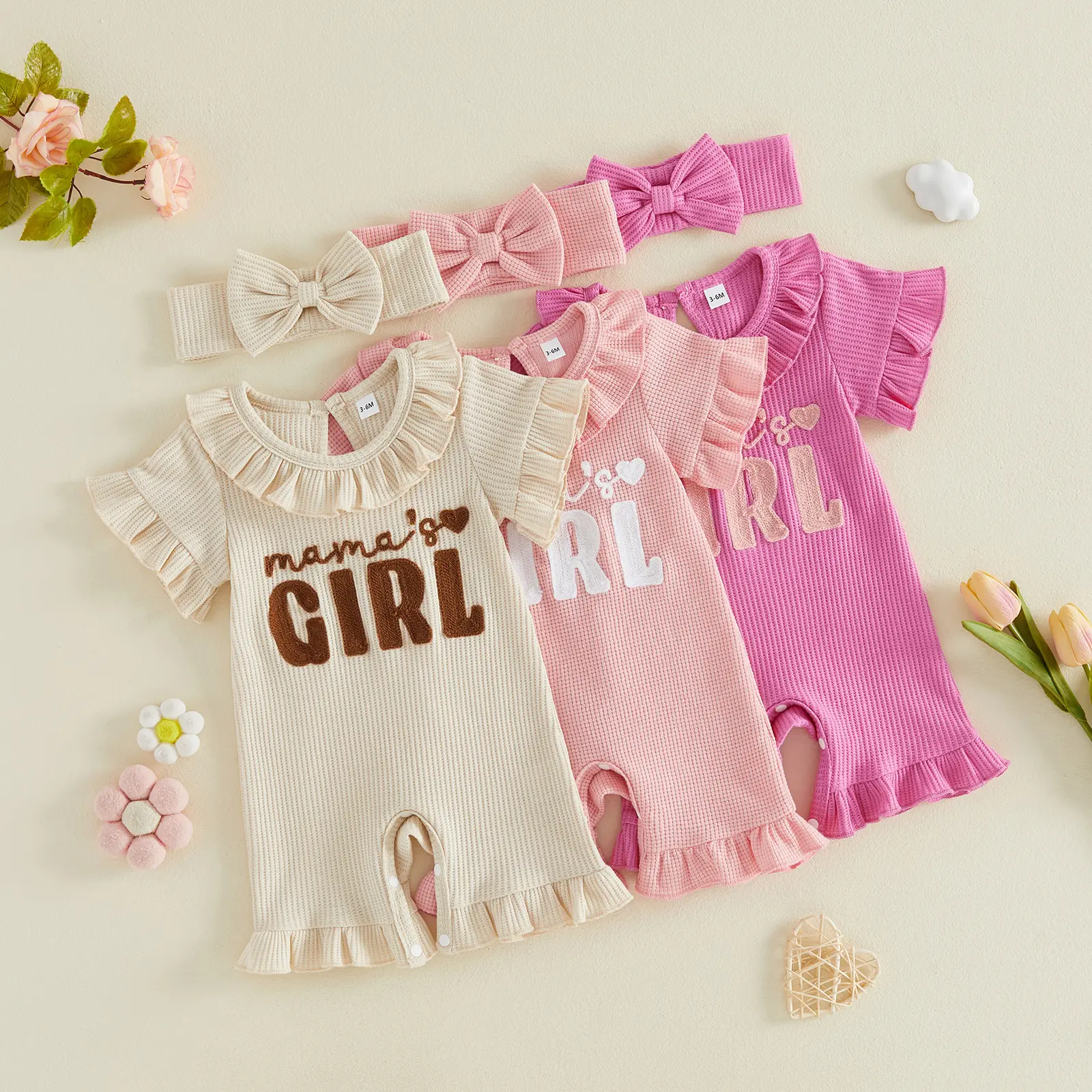 Newborn Infant Baby Girl Summer Clothes Letter Embroidery Ruffle Short Sleeve Romper Bodysuit Jumpsuit Headband 2Pcs Outfits, Newborn Onesies, Baby Girls Clothing, For Girls