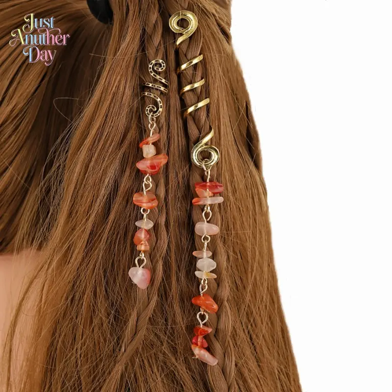 Bohemian Natural Stone Hair Coil Set, featuring golden spiral dreadlock rings with pink crystal and rose quartz tassel pendants, these retro-style braid accessories add a boho touch to any hairstyle, perfect for festivals, parties and daily styling