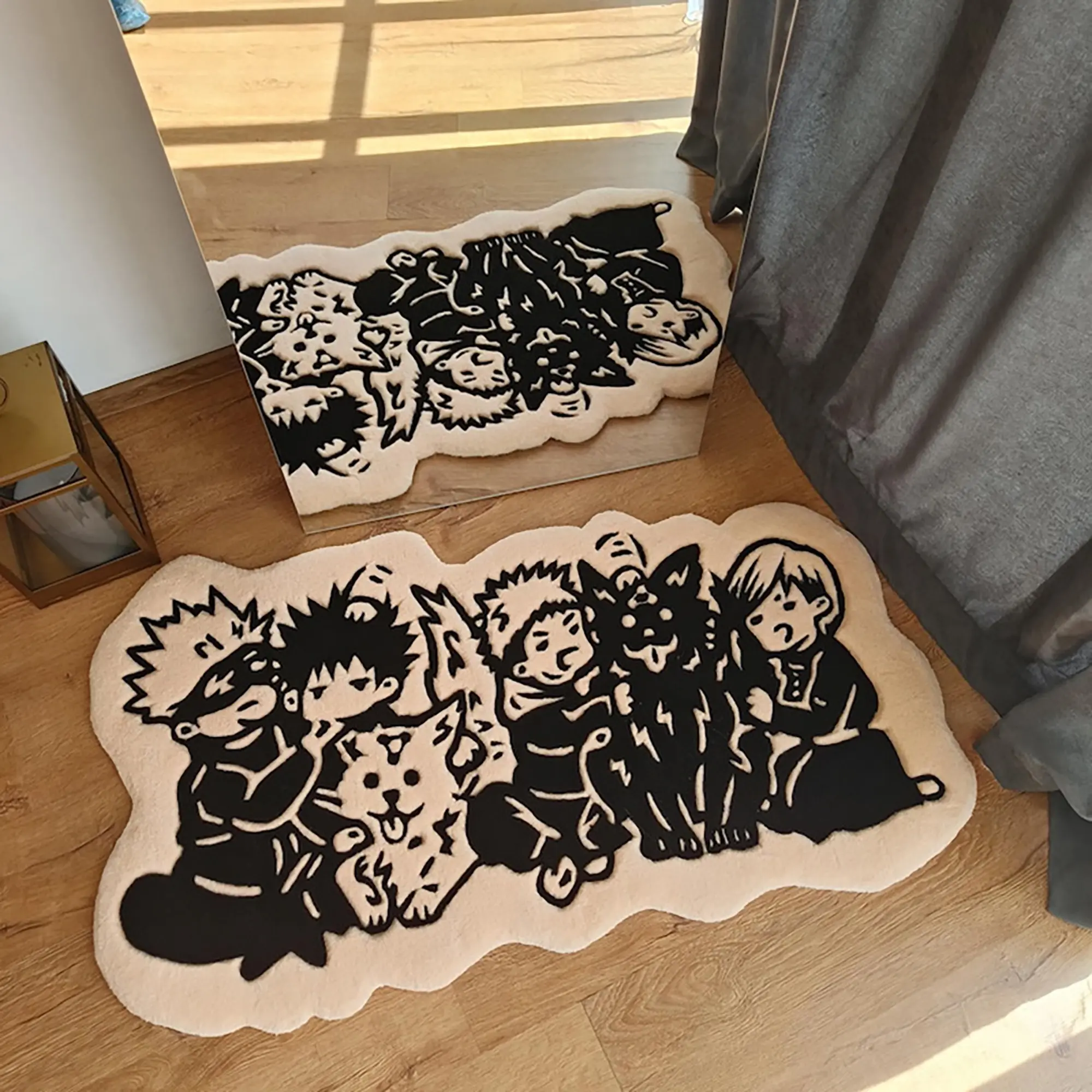 Hot blooded cartoon image, Cartoon pattern rug, special-shaped carpet black and white contrast flocking floor mat E-sports room anti-skid wear-resistant bedroom suitable for ins style/anime, Home Decor Rugs