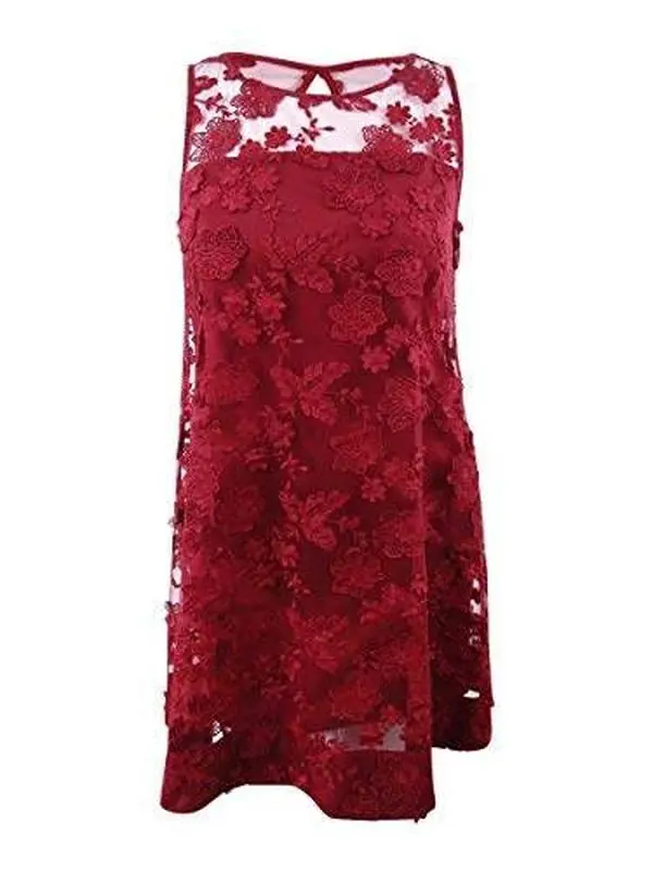 Signature by Robbie Bee Womens Petites Mesh Floral Party Dress Red PS
