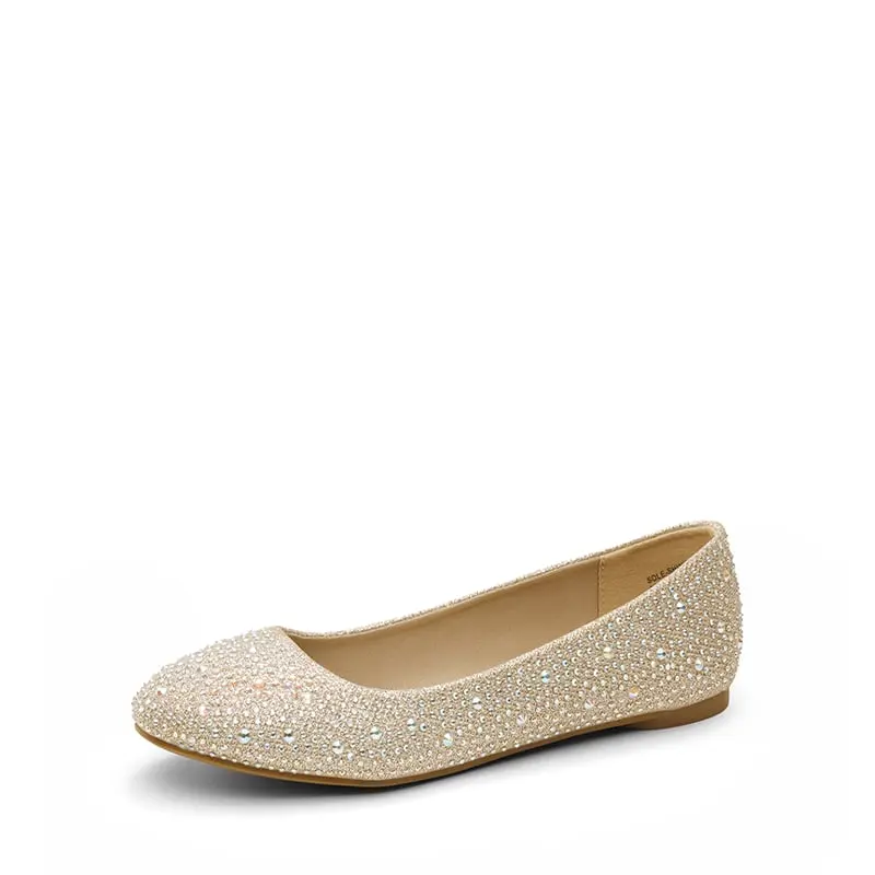 DREAM PAIRS Women's Classic Rhinestone Embellishment Glitter Gold Casual Non-Eyelet Ballet Flats - Soft Padded Latex Insole, Round Toe, for Casual Daily Summer Wear, Casual Flats