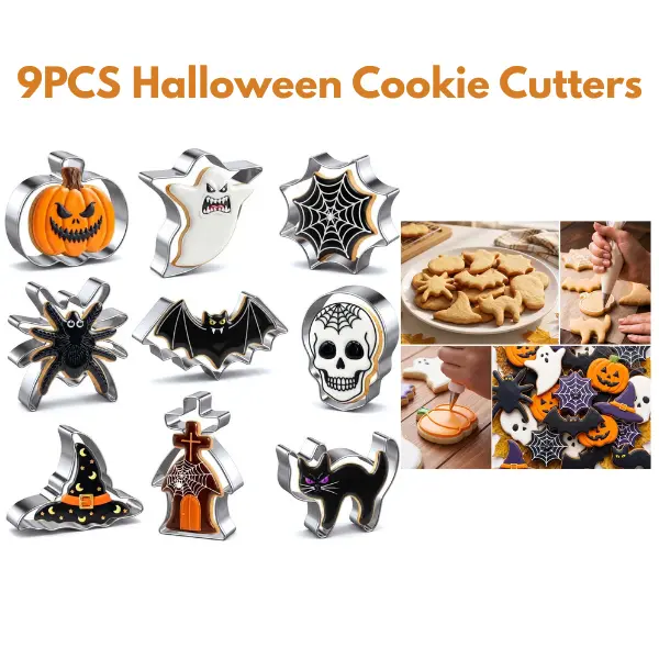9PCS Halloween Cookie Cutters, Stainless Steel Bat Ghost Pumpkin Cat Witch Skull Spider Tombstone Baking Molds, Halloween Gift