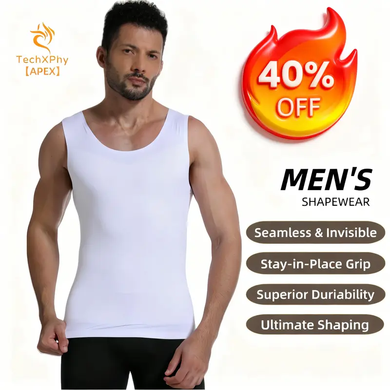 【TechXPhy】【APEX】 Men's Advanced Compression Tank – Ultimate Chest Flattening + Core Sculpting | Seamless Ice-Silk | Gyno / Moobs Support | Upper Body Shaper—advanced compression tank/gyno support shirt/moobs flattening top/high compression shapewear men