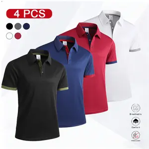 Set of 4 men’s summer polo short sleeves with contrasting color cuffs, suitable for outdoor sports, fitness, and casual vacations; polyester fiber #SummerVibes