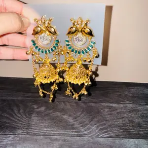 Kashmiri Bird-Designed Jhumki Earrings with Gold and Green Accents for Traditional Wear