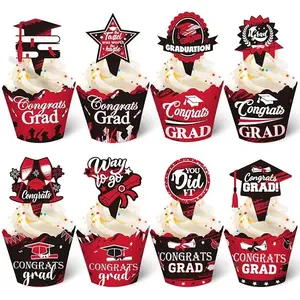 96 Pieces 2024 Graduation Cupcake Toppers Wrappers Congrats grad Baking Cups Picks Set Adjustable Grad Cup Cake Toppers Decoration for 2024 Grad Graduation Party Decorations Supplies