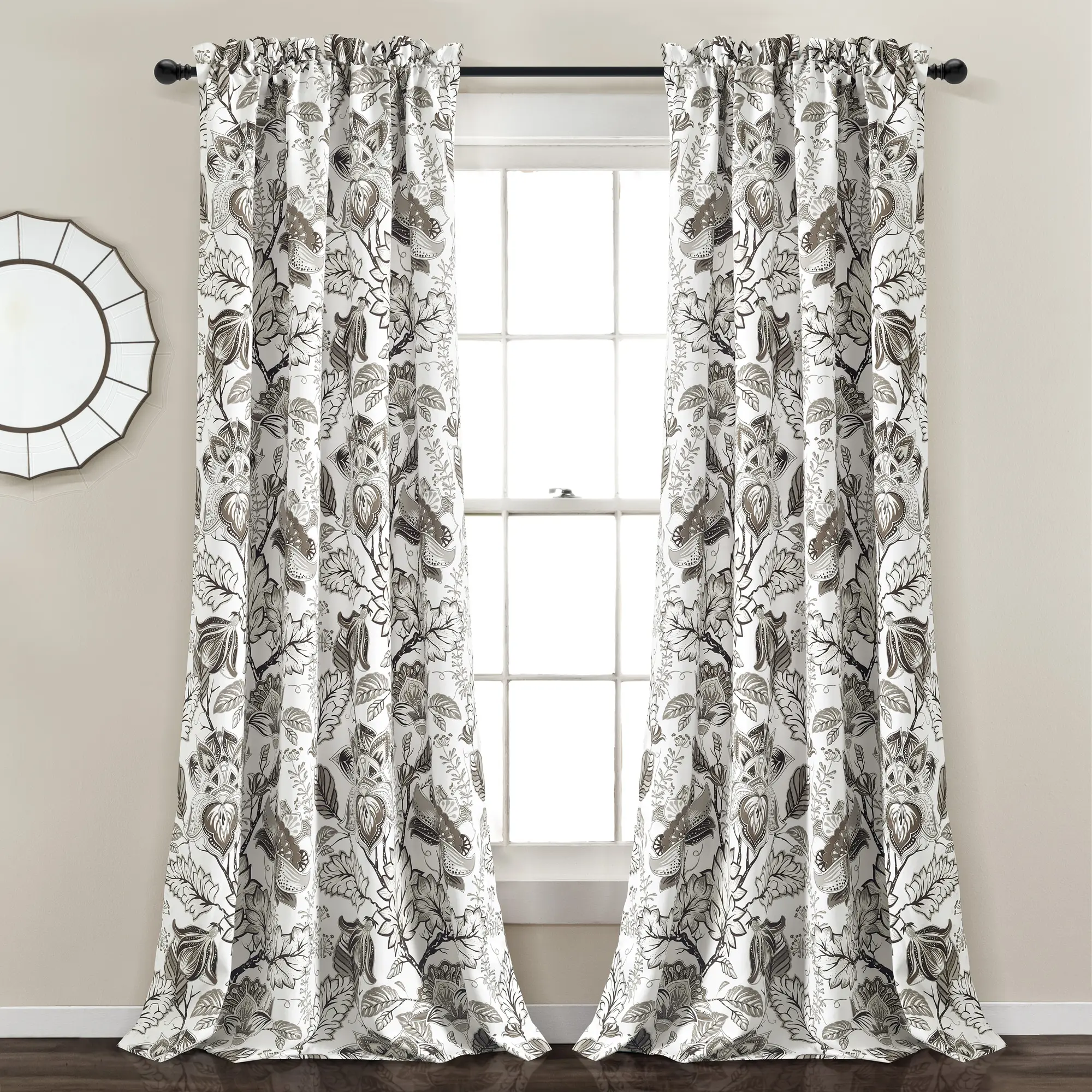 Lush Decor Cynthia Jacobean Room Darkening Window Curtain Panels Pair 52"W x 84"—120‘’ L+2" header- Floral Curtains for Living Room - Long Bedroom Curtains