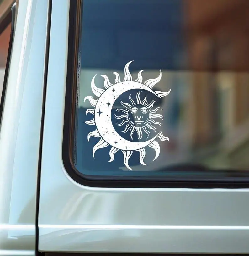Mystical Sun Moon Decal, Boho Car Decal, Moon Phases Vinyl Car Sticker