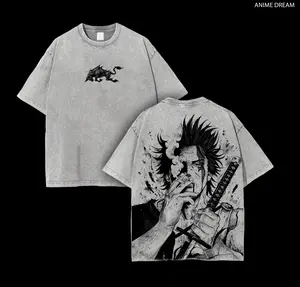Yami Sukehiro x Black Bulls Black Clover Anime Double Printed Vintage Washed Tee Unisex Oversize Heavyweight Cotton T-shirt for Anime Fans and Lovers