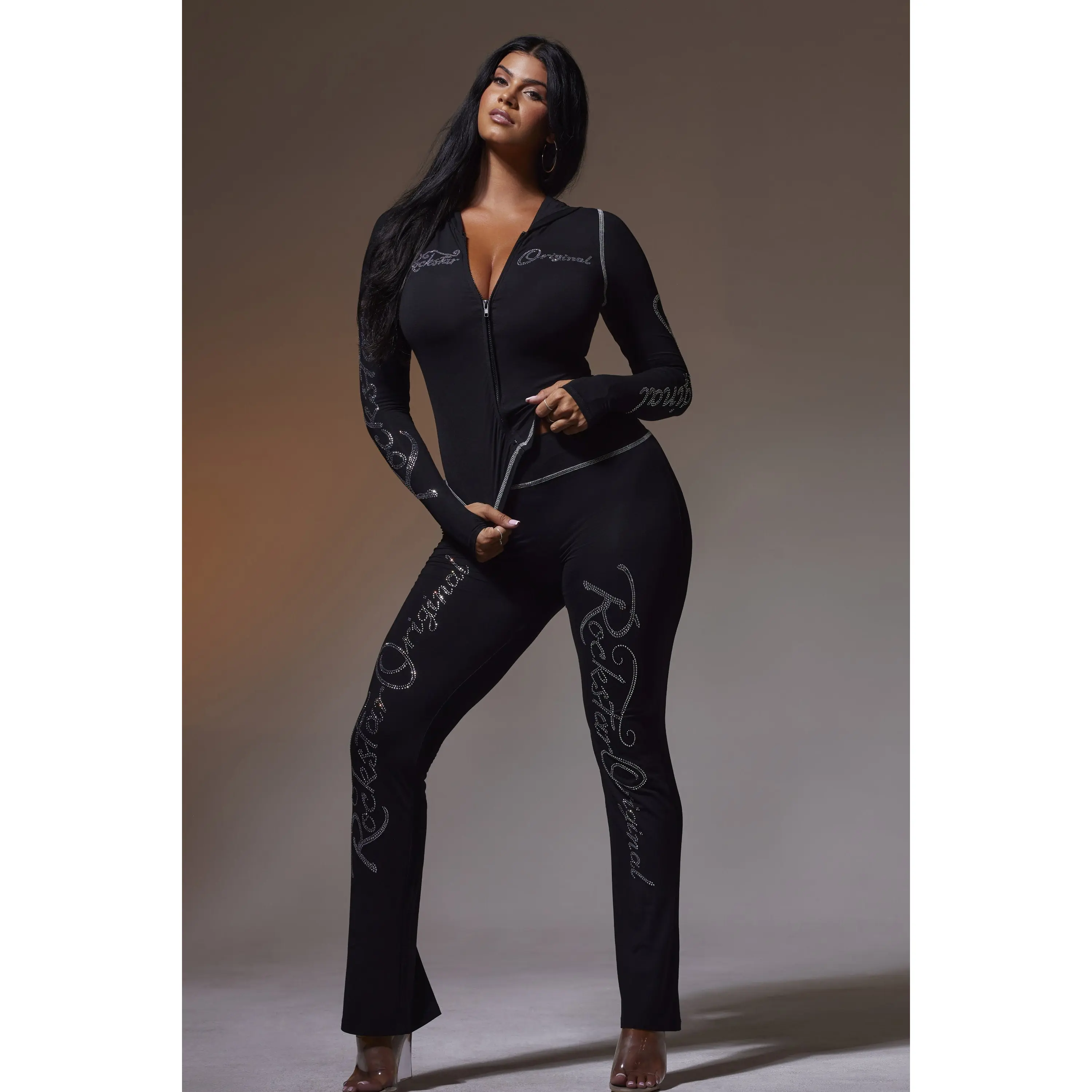 Talanie Black Rhinestone Lounge Track Set