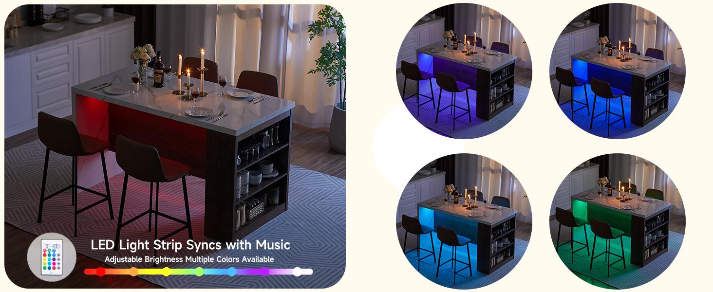 【SummerFinds】ONBRILL 61"x31" Large Wood Top Kitchen Island Table, Whole Board Tabletop, Storage Space, Power Outlet, LED Lights, Easy Setup Modern Imitation Marble Counter Height Dining Room Table for 4,dorm essentials,home decor