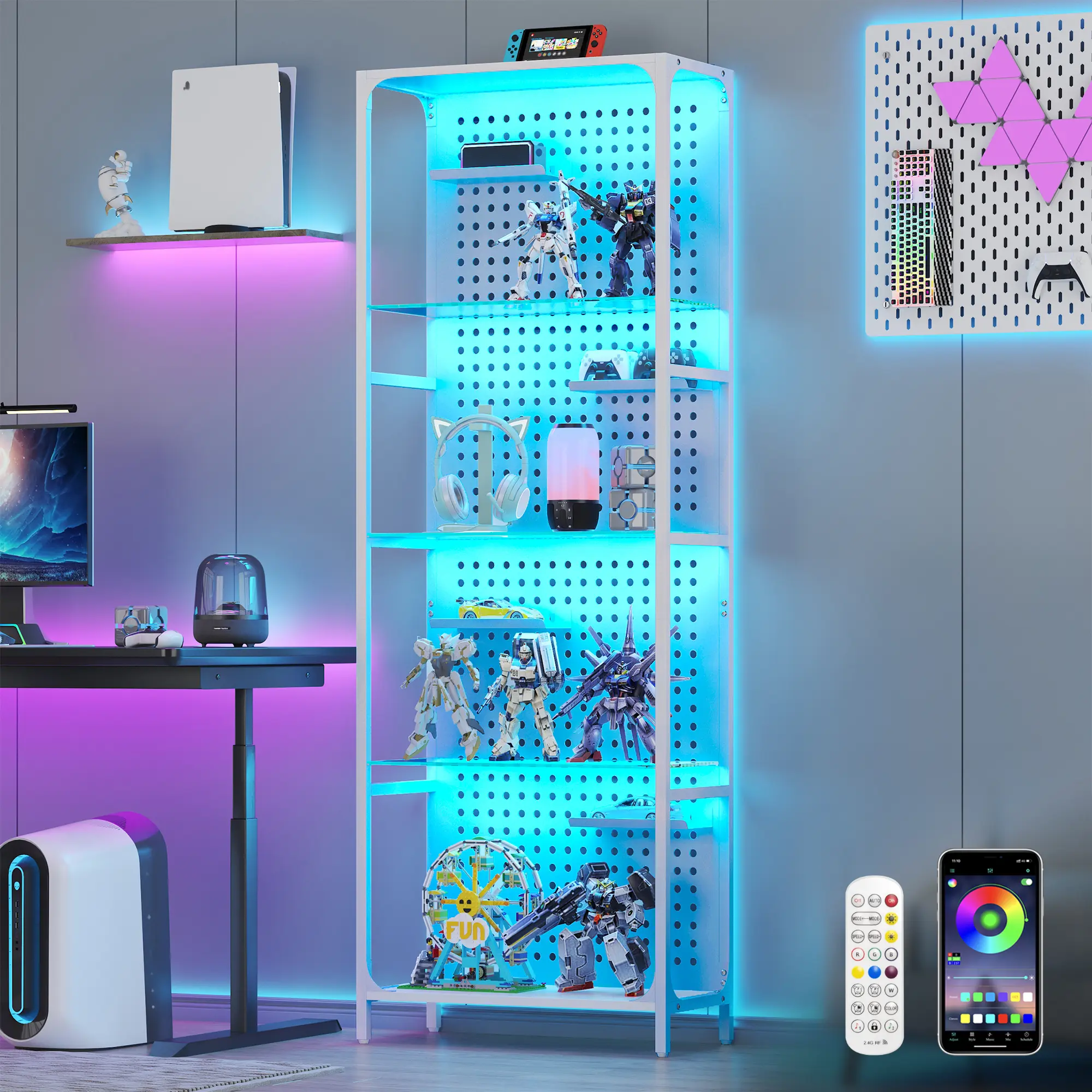 kepptory 9-Tier Display Shelf with Glass Shelves, Vertical White LED-Display Shelf LACK-Style Shelves, Bookcase, Vanity Shelf, Decor Shelf with Remote Control Adjustable Light for Bedroom, Living Room, Office, Accent Room, Home Storage Organizer