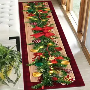 Christmas Decorative Corridor Area Rug, Tree Bow Bell Design, Non-Slip Washable Carpet, Perfect Holiday Gift for Living Room & Bedroom