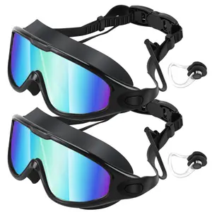 2 Pack Swim Goggles with Waterproof Earplugs & Nose Clip for Adults/Kids, Anti-Fog Full-Coverage 180 ° Wide View Swim Goggles, Bright Multicolor UV Lens, Fit Outdoorfun