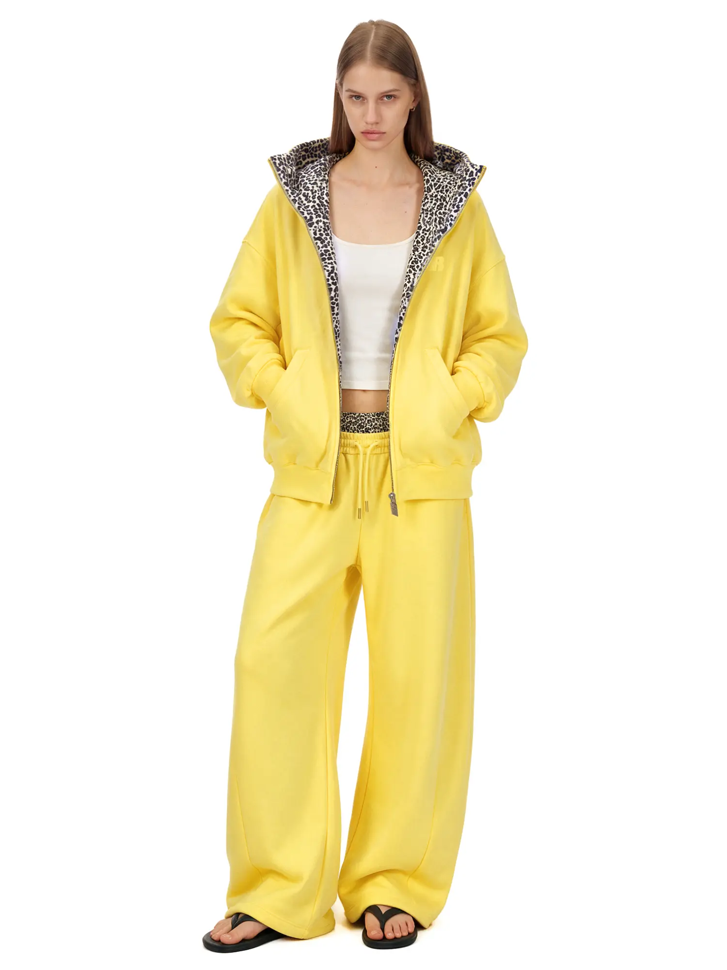 FDR Unisex Leopard Trim Zip-Up Hoodie & Double Waist Barrel Pants Set, Big Hood Yellow Sweatshirt Oversized Relaxed Fit Vintage Streetwear, Y2K Two-Piece Outfit for Everyday Casual Style