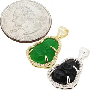 925 Sterling Silver 14k Gold Vermeil AAA Cubic Zirconia Black Onyx Jade Buddha Pendant