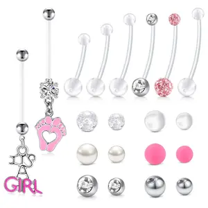 Hypoallergenic Bioflex Plastic Pregnancy Belly Button Rings Long Bar Navel Rings for Maternity Women Flexible 10-32mm Clear with Balls and Heart Pendant for Replacement