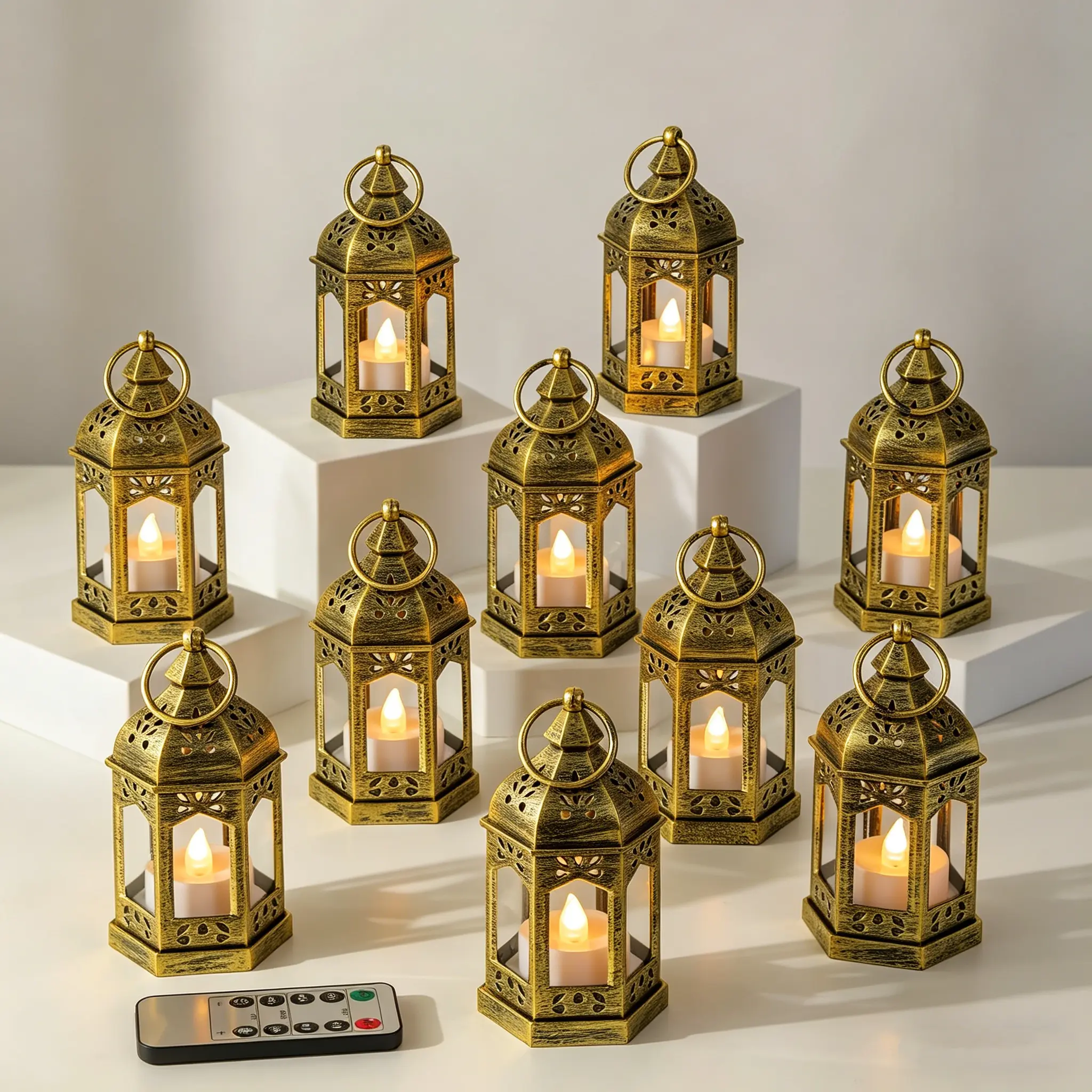 Mini Lanterns with Remote Control: Set of 10 Gold Lantern with Timer Dimmer Table Centerpieces Decorations for Ramadan Wedding Party Camping Decor summerwins