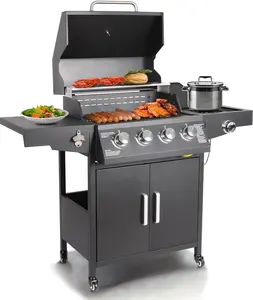 Propane Gas Grill 4 Burners with Side Burner Freestanding Grill Cart with Wheels for Outdoor Garden Cooking Barbecue Grill, Black Bbq Stainless
