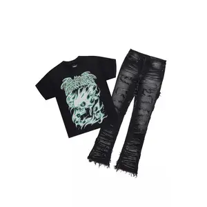 Schtupp Black Oversized T-Shirt/Stacked Flare Jean Bundle