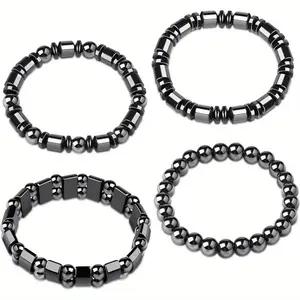 Pack Of 4 Magnetic Bracelets for Women and Men Hematite Magnetic Stone Beads Adjustable Magnetic Bracelet Wristband Dainty Jewelry Gift for Mom, Dad, Wife, Friend, Couple