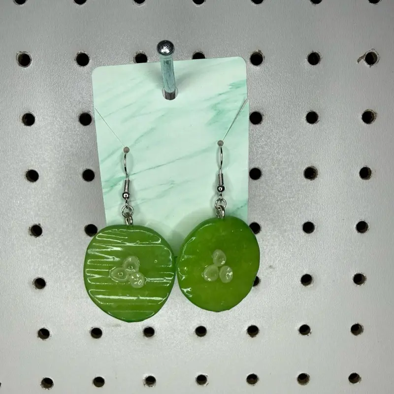 Polymer Clay Pickle Earrings - Green Round Design with Clear Center Accents