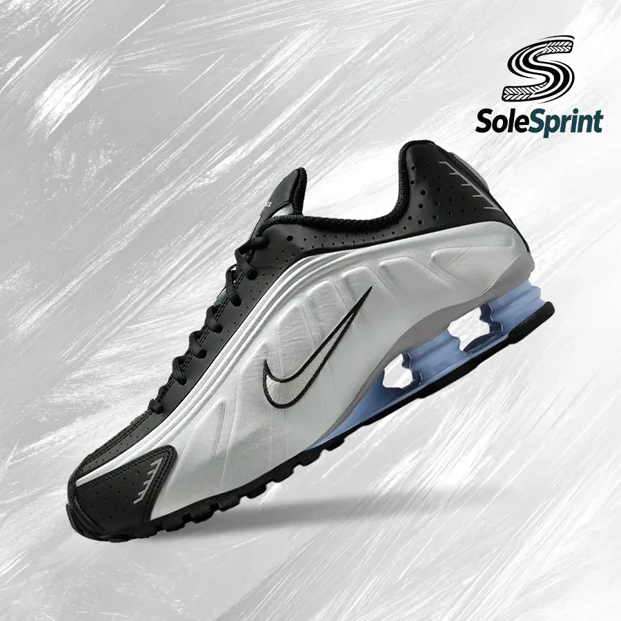 NIKE Shox R4 Men's Workout Sneakers, Vintage-Inspired Running Shoes in Psychic Blue, Black & Metallic Silver with Shock Absorb Comfort, HQ1988 004, Sporty Running Shoes, Gym Run Street, All-Day Wear, All Seasons