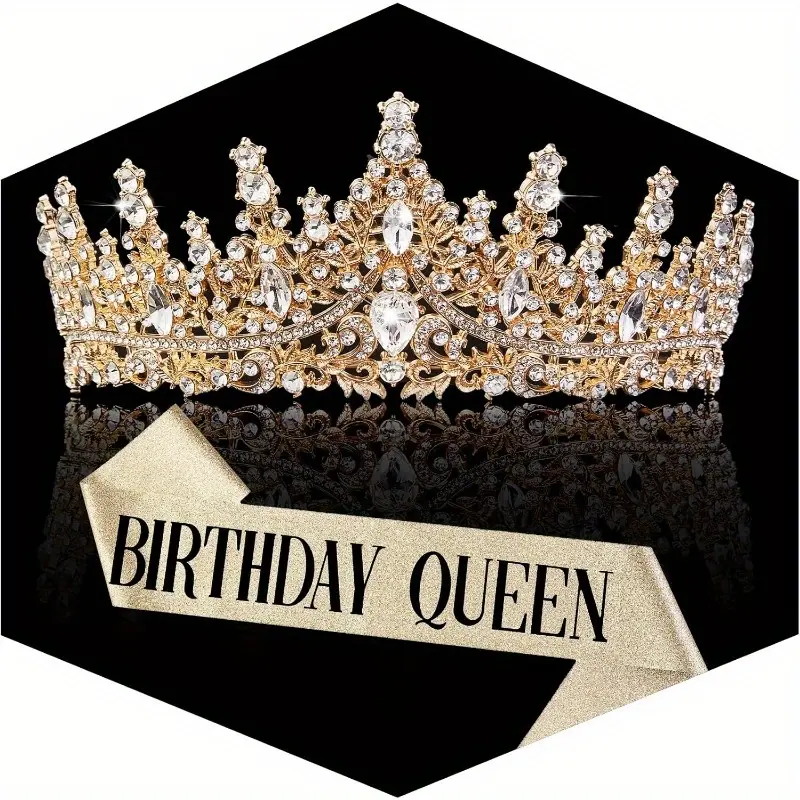 Women's Birthday Queen Set - Gold Rhinestone Princess Tiara and Glitter 'Birthday Queen' Sash, 2-Piece Party Accessories, Accessories For Women