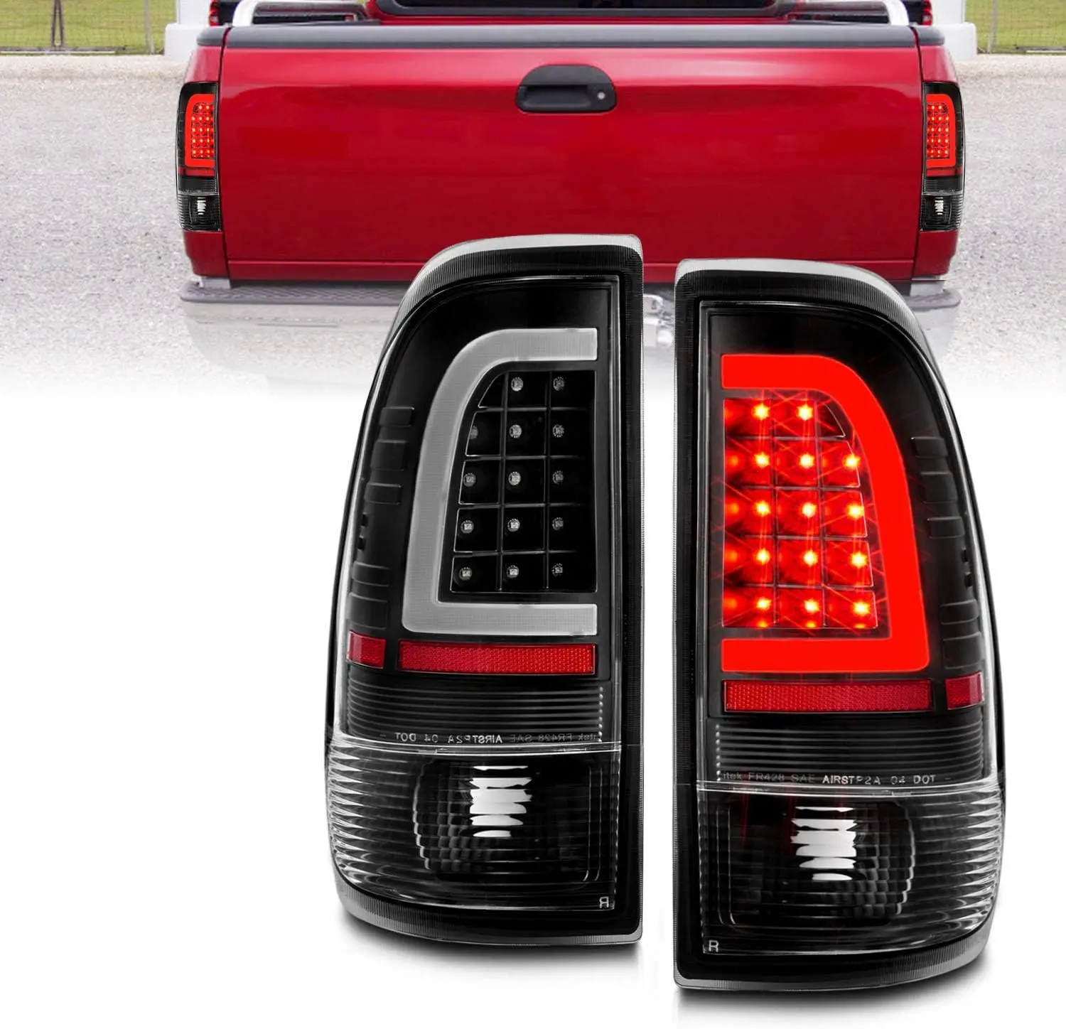 AmeriLite for 1997-2003 Ford F150 99-2007 F250 F350 SuperDuty C-Type LED Tube Crystal Black Tail Lights Brake Lamps Pair - Driver and Passenger Side