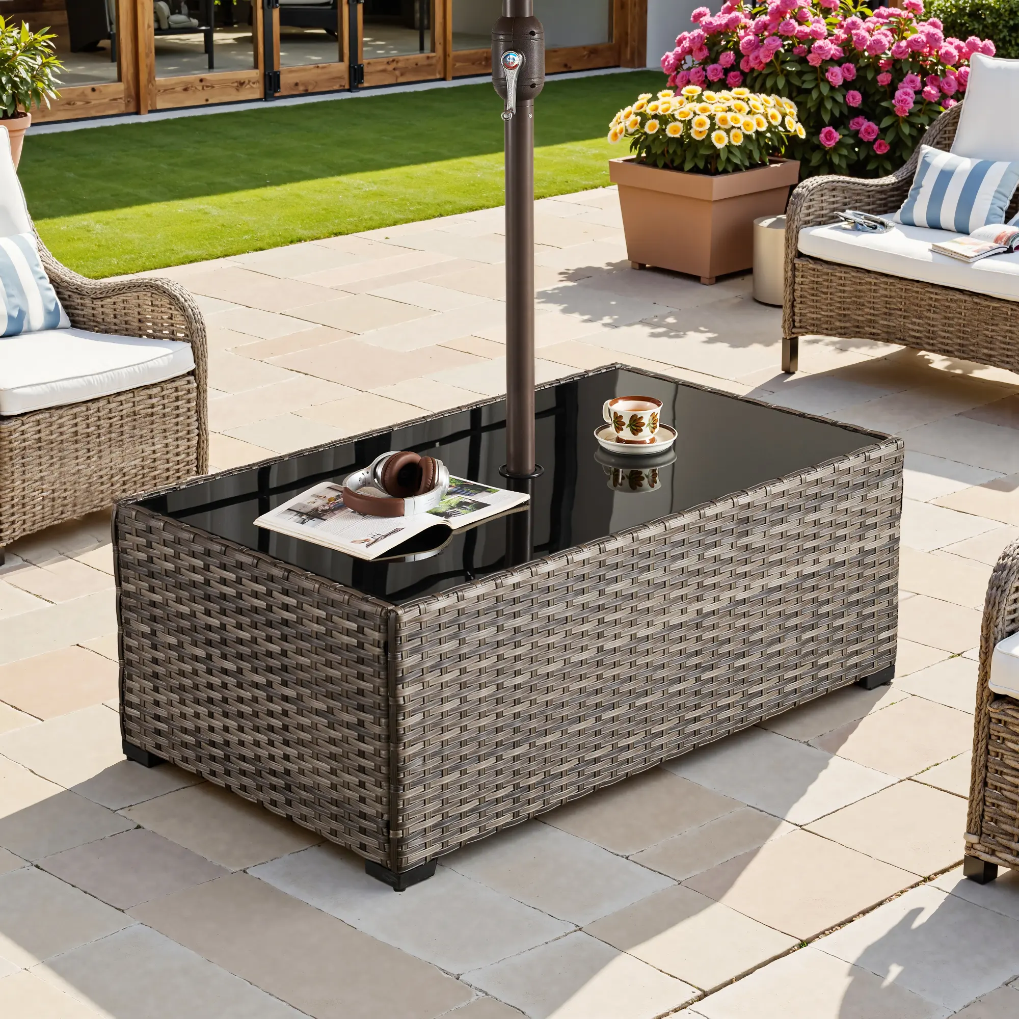 CAODOC Rattan Umbrella Coffee Table, Bistro Wicker Side Square Table, Patio Umbrella Side Table Stand with Umbrella Hole, Outdoor Leisure Coffee Table for Garden, Poolside,Deck