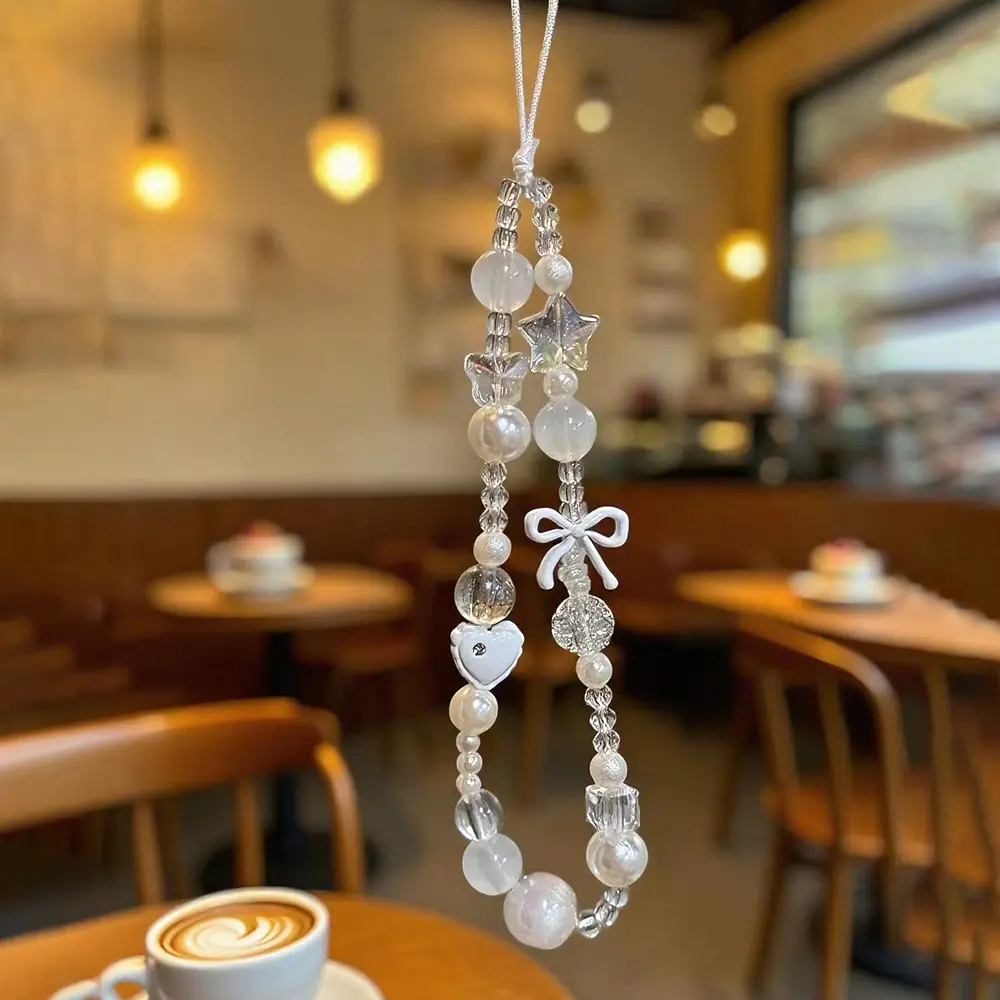 Mobile phone chain ins niche bow love phone case hanging rope handmade DIY bead camera chain phone anti loss rope headphone cover bag hanging decoration personalized female Cell Phone Charm Phone Accessory