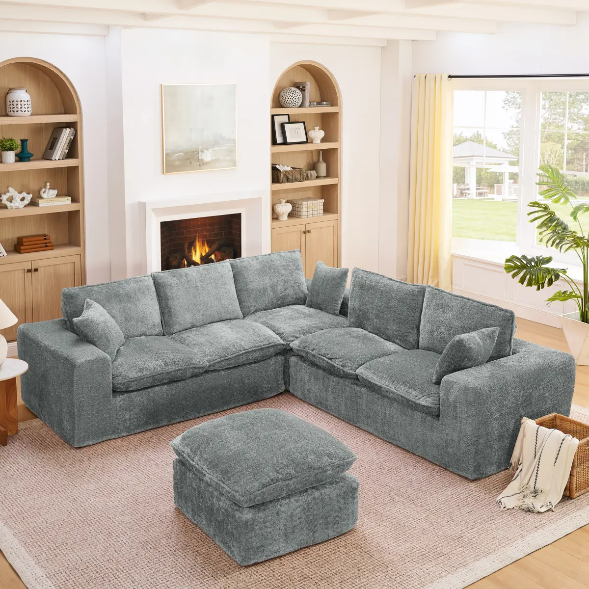 Aobtkel 107in Modern Boucle L-Shaped Sectional Sofa with Moveable Ottoman, Comfy Cloud Sofa Sectional Couch with Cushions, DIY Combination Foam Cushion L-Shaped Living Room Furniture