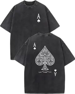 Vintage Washed Reversible-Print T-Shirt (100% Cotton) — Featuring "LUCK AND STRENGTH" lettering and an Ace of Spades graphic; a men's casual tee offering comfort, style, and a street-style aesthetic.