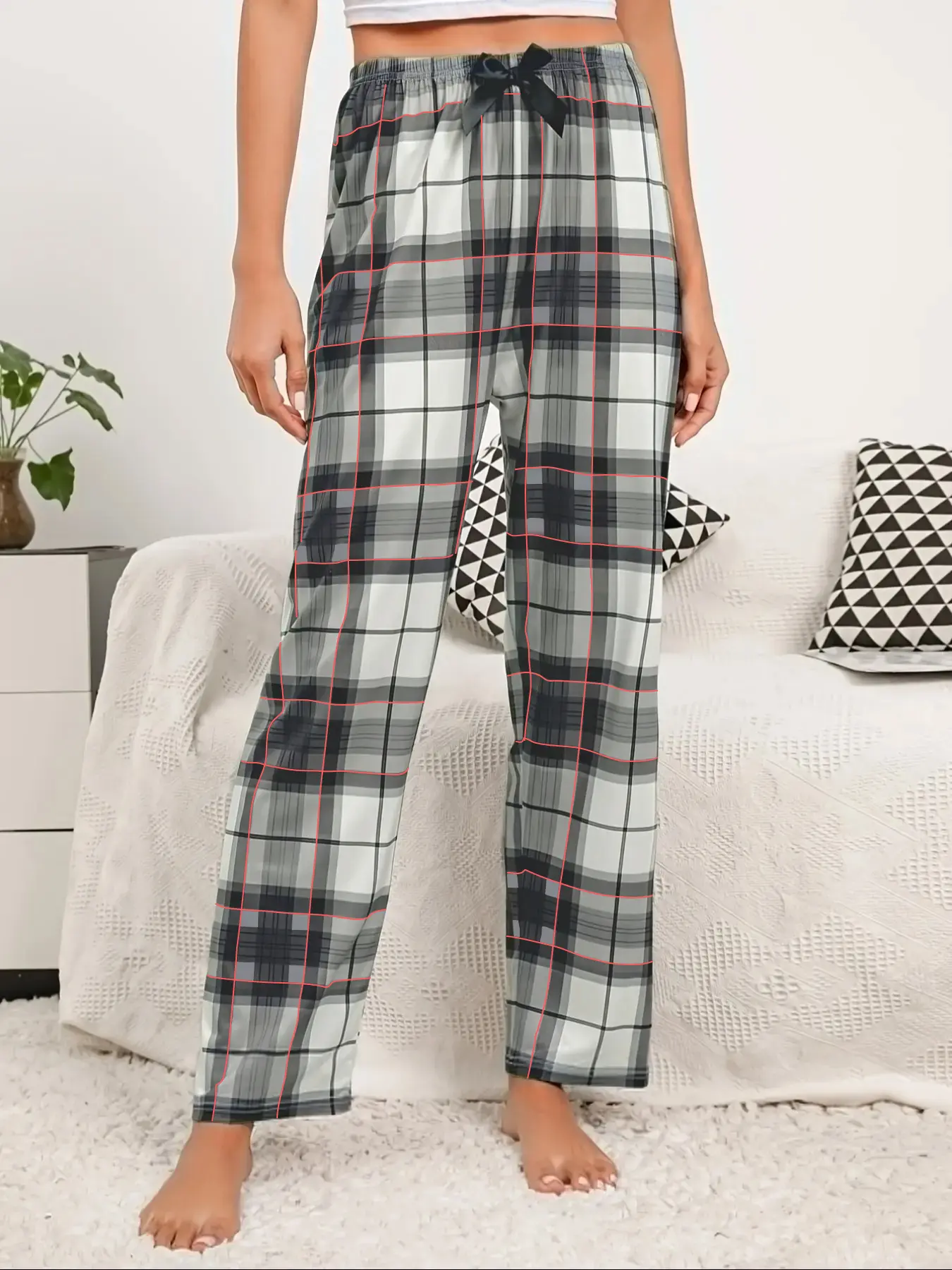 Women's Plaid Sleep Pants with Bow Detail, Soft and Loose Fit, Comfortable Home Wear, and Checkered Design, Pajama, Nightwear, Loungewear, Pjs, Homewear