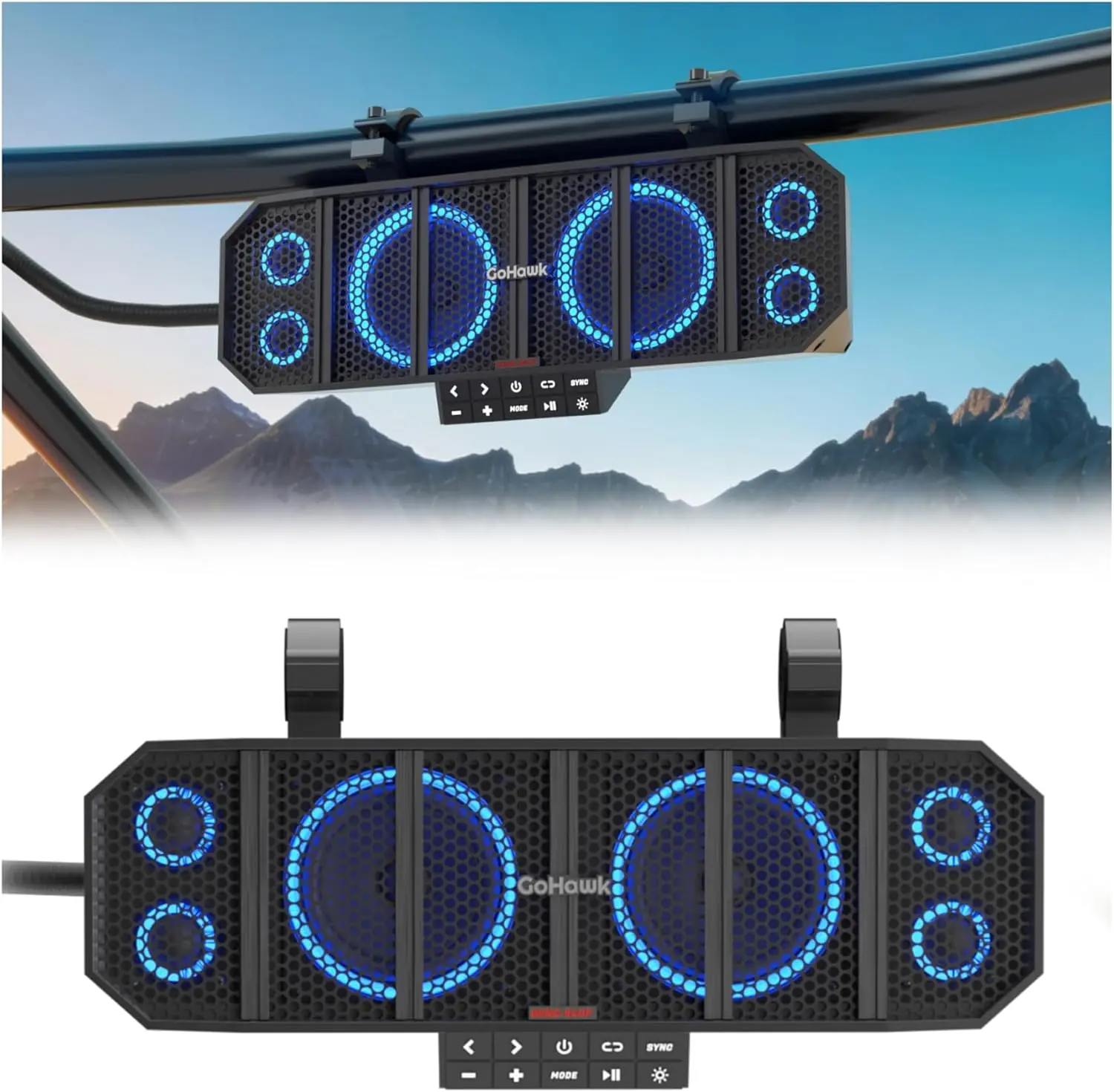 GoHawk UTV Sound Bar | Waterproof 6-Speaker ATV Soundbar | Bluetooth & Multicolor Lights | 17-Inch SxS Speakers | Radio Amplified Soundbar for Polaris RZR, Can-Am Golf Cart, Marine w/FM Radio