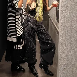 Y2K retro wide-leg jeans with star-paved rhinestone design, loose and trendy long pants