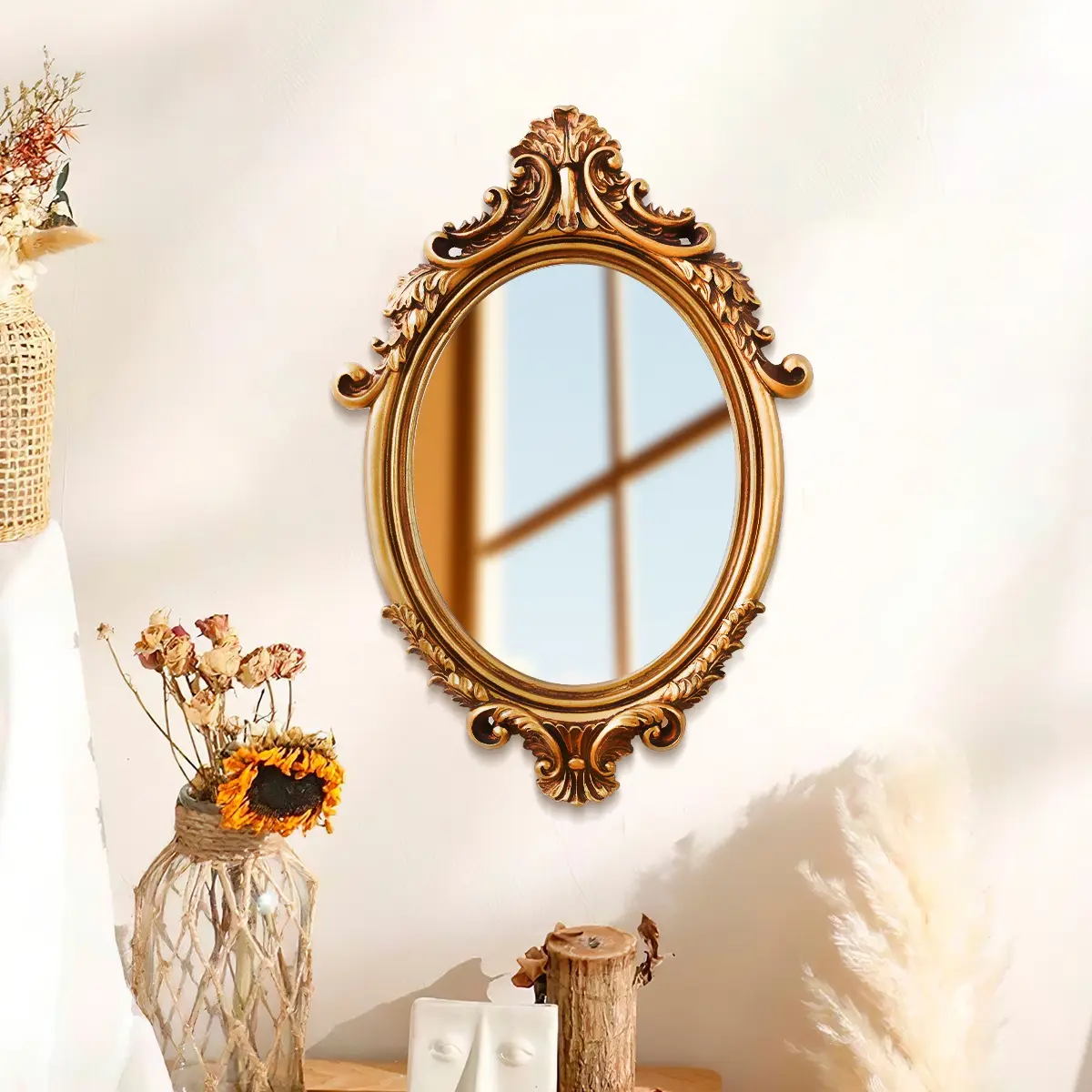 Classical Pattern Oval Wall Mirror, European Style Home Decor Art Hanging Piece, Creative Makeup Mirror for Photography Props, Home Decorative Mirror, Elegant Decorative Mirror