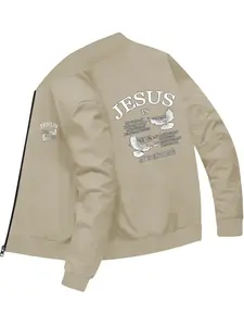 Trendy Fashion Men's Jesus Text and Peace Dove Printed Baseball Jacket for Daily Leisure and Street Outings Coats