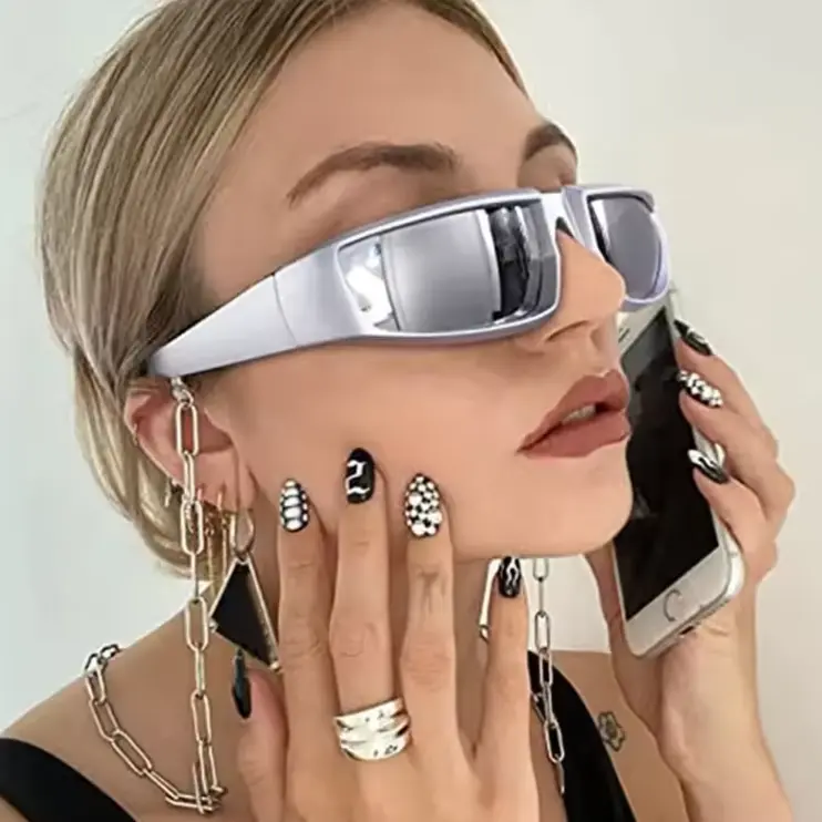 Women's Y2K Futuristic Tech-Style Silvery Coated Mirror Sunglasses - Polygonal Wrap Shape, Includes Glasses Cloth and Protective Case