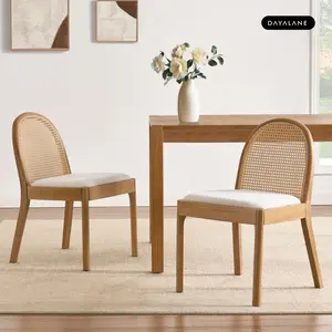 DAYALANE Modern Salem Rattan Dining Chairs Set of 2 Cane Back Comfy Sherpa Upholstered Boucle for Kitchen Restaurant Living Room White Beige Linen