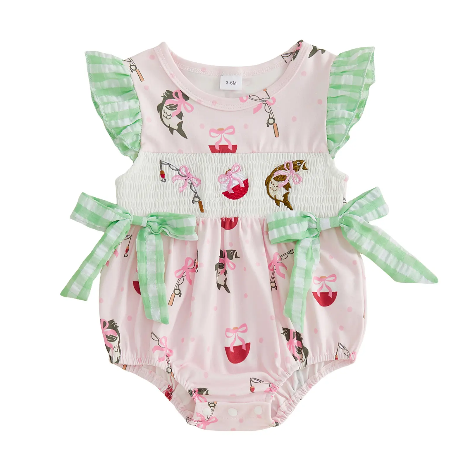 Newborn Baby Girl 100% Polyester Crew Neck Fishing Romper, Cool Fly Ruffle Sleeves, Gingham Bows, Smocked Bubble Onesie Bodysuit, Casual Daily Summer Outdoor Newborn Onesies Outfit, Cool Fly Sleeves
