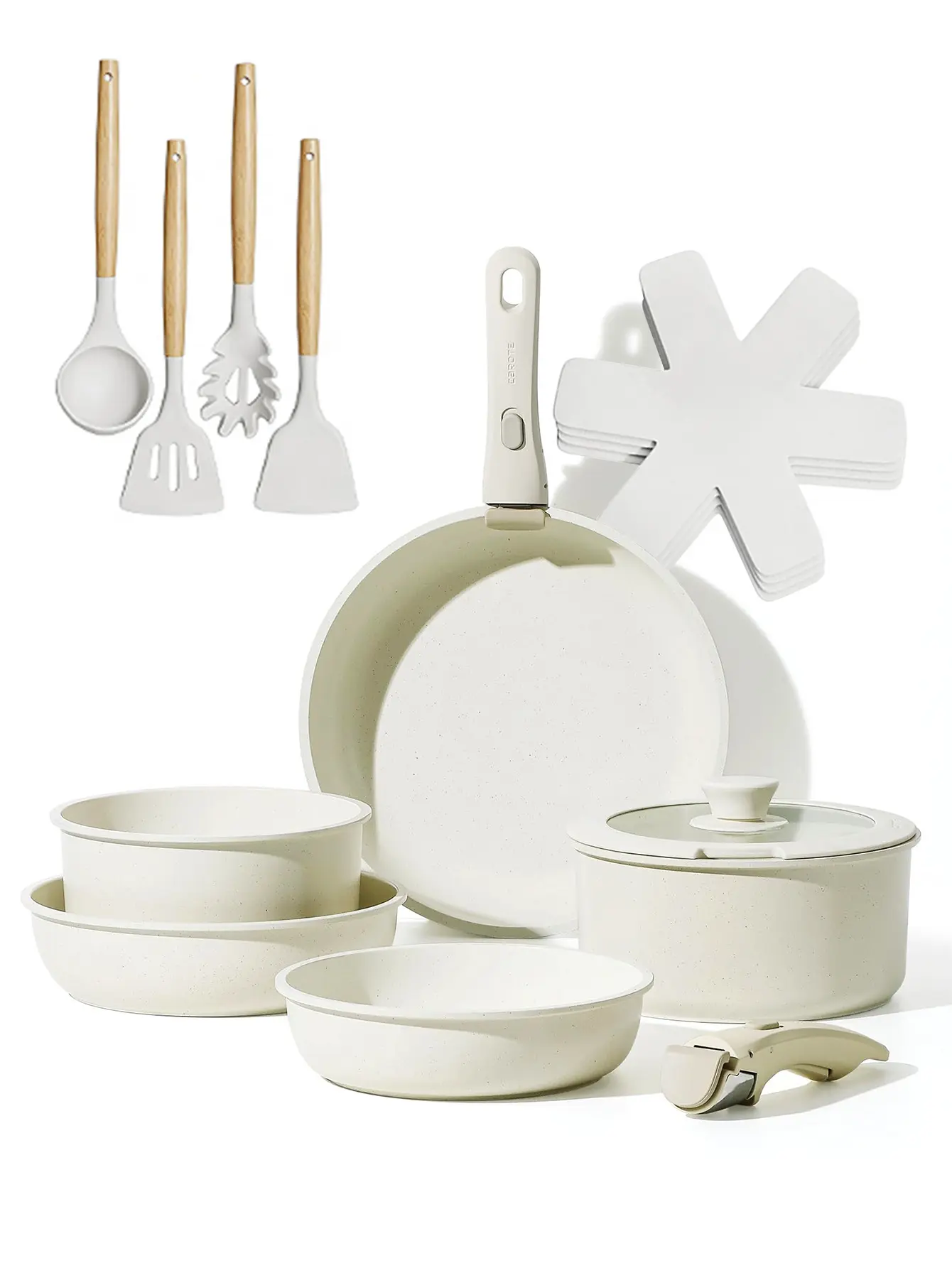 Mother's Day Gift | 17-Piece Removable Handle Nonstick Cookware Set | Includes Milk Pot, Frying Pan & Wok | Durable Nonstick Coating | Compatible with Gas & Induction Cookers | Perfect for Home Kitchen Daily Cooking