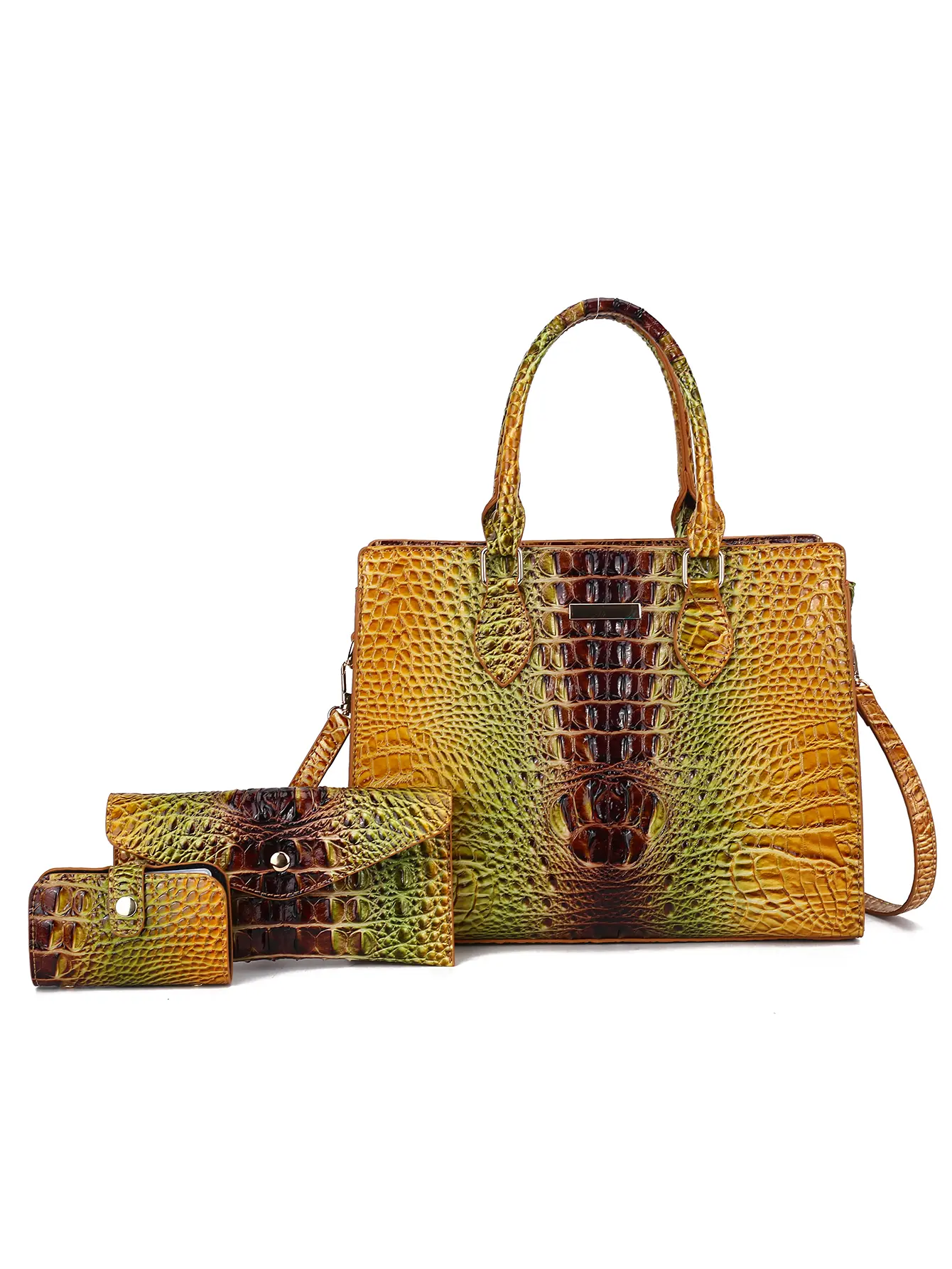 Women's 3pcs Gradient Crocodile Embossed Bag Set - Fashion-Forward Individual's Versatile & Stylish Tote, Crossbody Purse, Card Holder, Glossy Top-Handle Satchel for Work & Daily Use