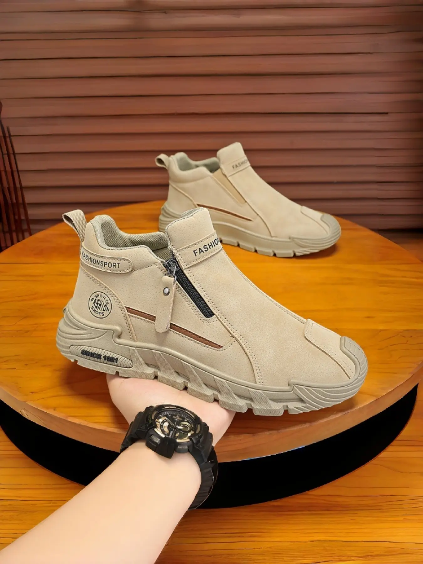 Men's High-Top Zip Fashionable Durable Boots with Zipper | Easy-On Work Sneakers | Rugged Platform Streetwear Walking Shoes