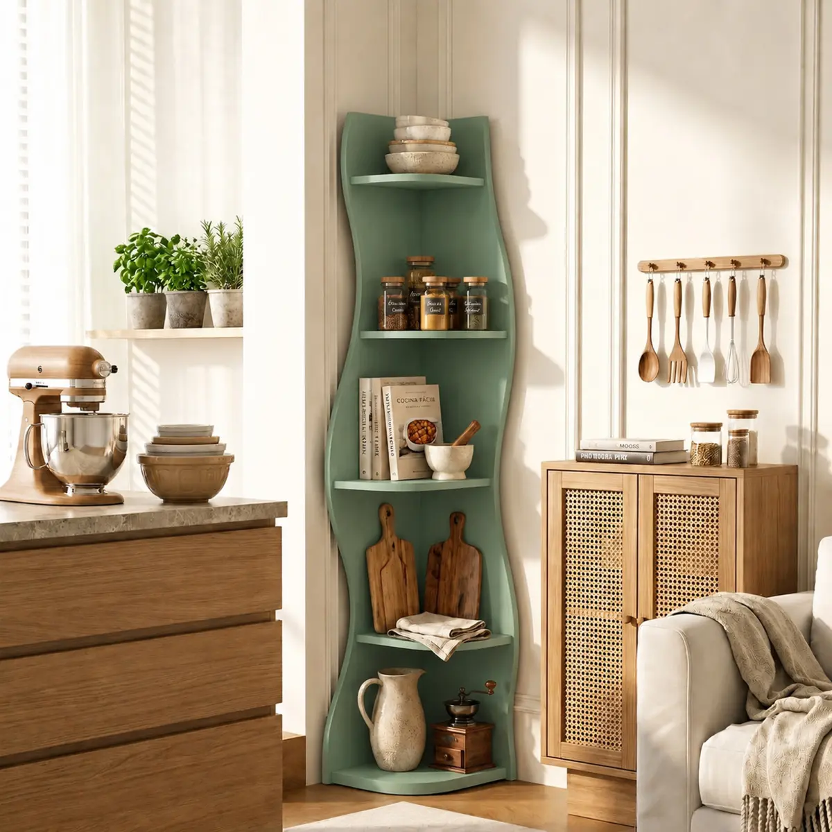 Wavy Corner Shelf, Modern 5-Tier Bookshelf Bookcase with Curvy Shape, Unique Plant Stand Display Rack for Living Room Small Space (Green) backtoschoolshopping