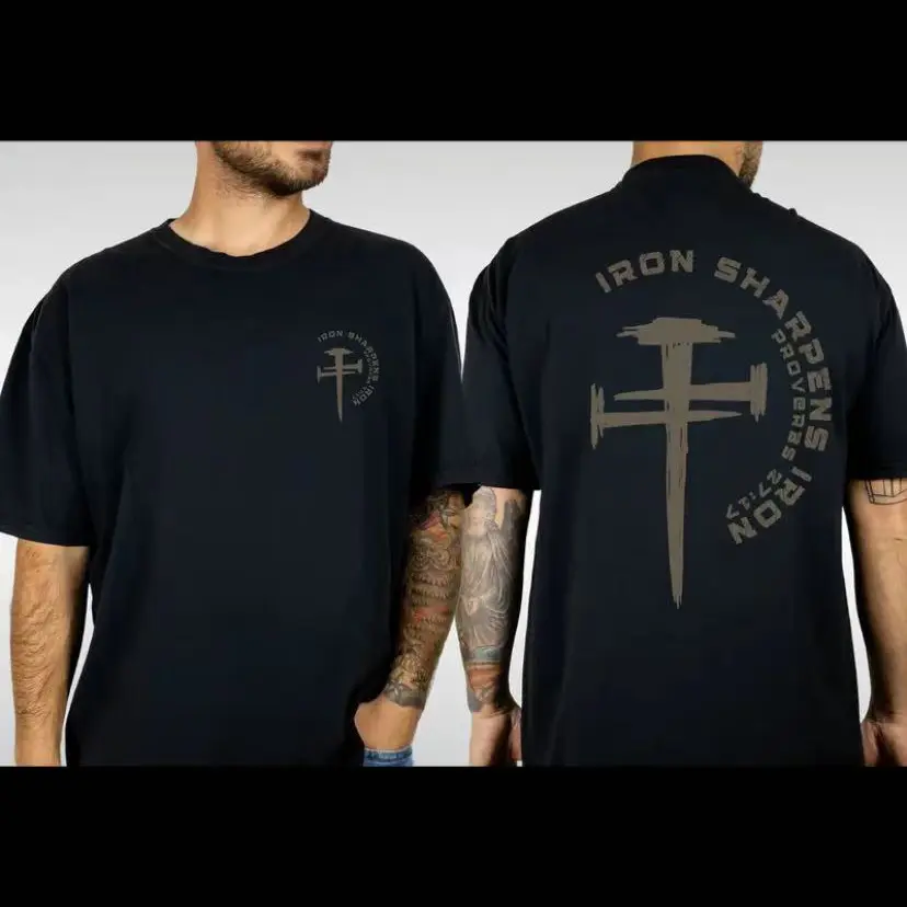Men's Classic Round Neck Short-Sleeve T-Shirt - Unisex Christian Faith Minimalist Cotton, Proverbs 27:17 Religious Quote Graphic, Geometric Cross Sword Print, Oversized Gym Streetwear, 100% Pre-Shrunk Soft Breathable Casual Wear, Do Not Bleach, Shortsleev